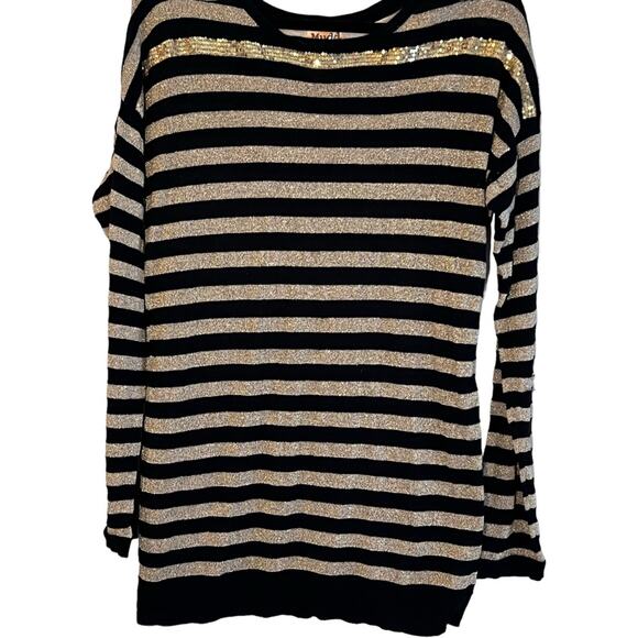 MUDD THIN SWEATER LONG SLEEVE STRIPED BLACK/GOLD SHIMMER SEQUIN COTTON BLEND - Picture 3 of 10